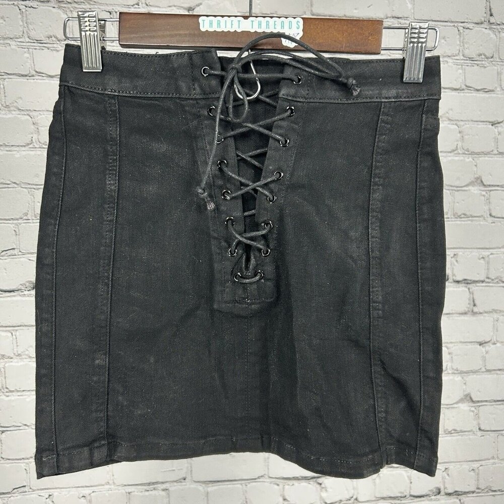 Bdg Urban Outfitters Black Cotton Blend Front Lace Up Tight Mini Skirt Size XS